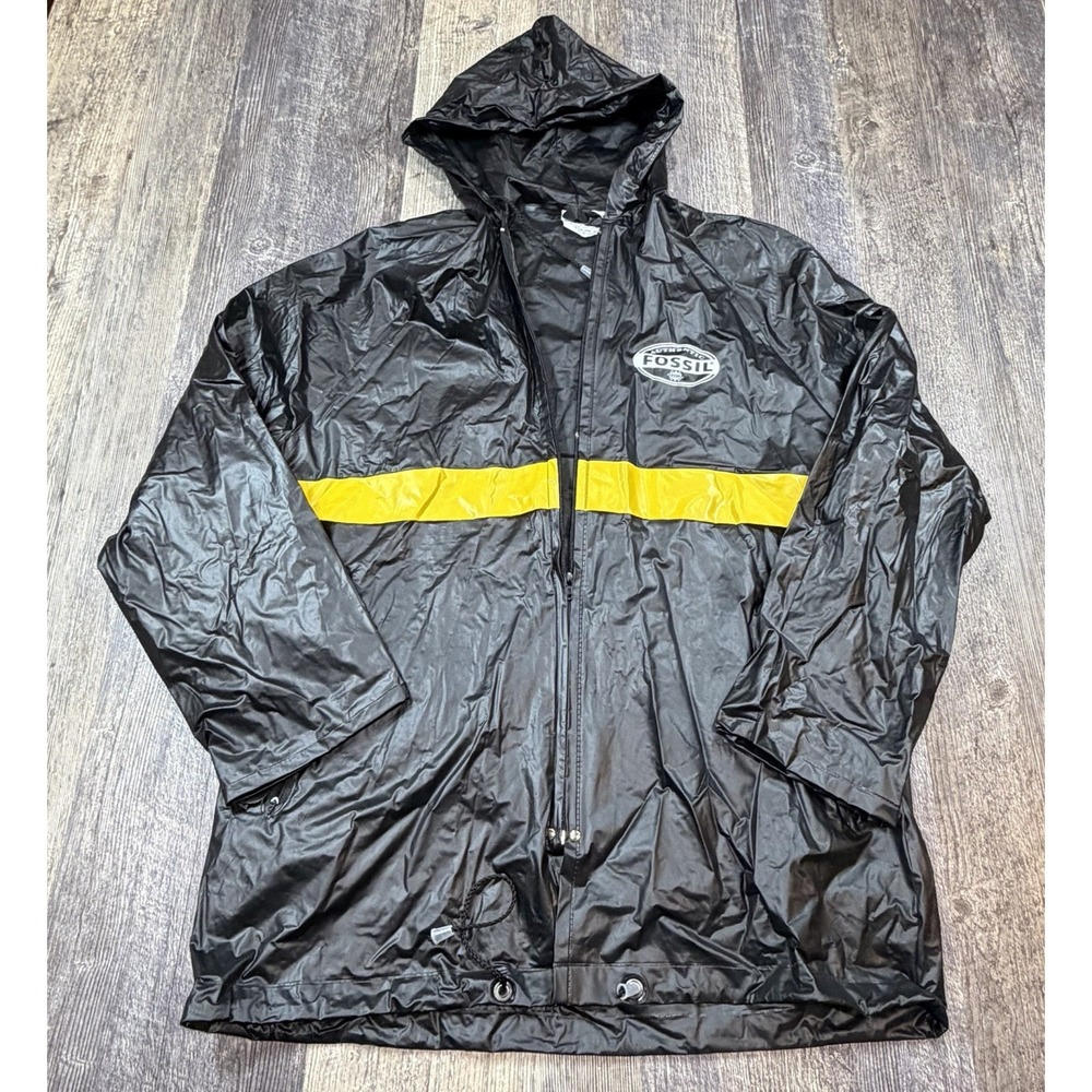 Fossil Authentic PVC Hooded Rain Jacket Black Yellow Stripe Full Zip Mens Medium